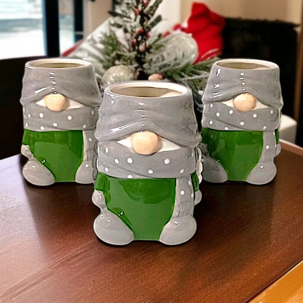 Pottery Barn Gnome Gnomette‎ Mug Set x 3 Ceramic Holiday Gray Green Polka Dots